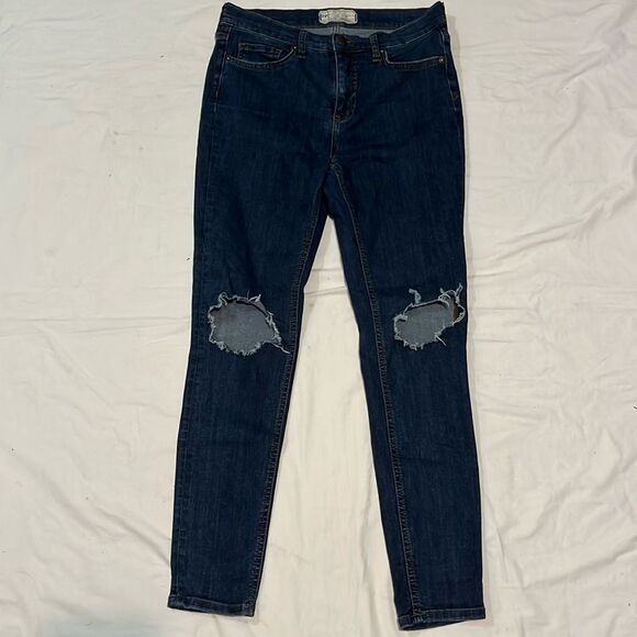 Free People Dark Blue Skinny Jeans with Holes in Knees - Picture 1 of 7